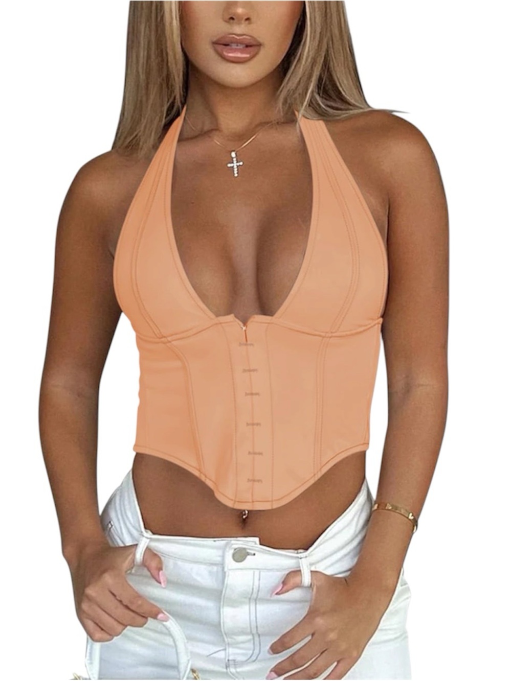REORIA Peach Halter Deep V Neck Double Lined Corset Crop Top S